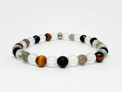 Bracelet labradorite facettée, œil de tigre facetté, tourmaline facettée et cristal de roche mat, 6 mm