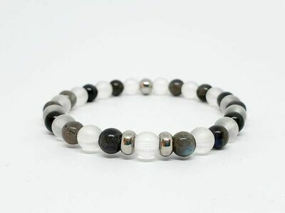 Bracelet labradorite, cristal de roche mat, 6 mm