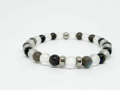 Bracelet labradorite, cristal de roche mat, 6 mm