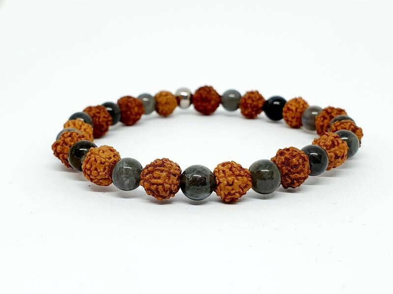 Bracelet Labradorite et rudraksha, 6 mm