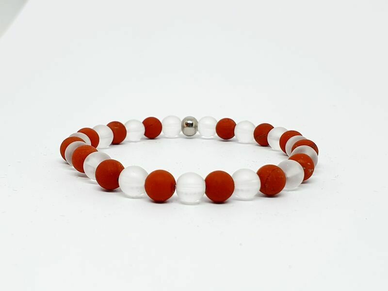 Bracelet Jaspe rouge mat et Cristal de roche mat, 6 mm