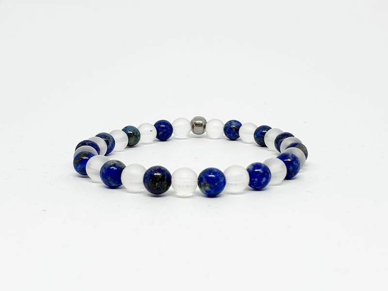 Bracelet Lapis Lazuli et cristal de roche mat, 6 mm