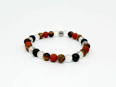 Bracelet Jaspe rouge mat, œil de tigre mat, cristal de roche mat et pierre de lave, 6 mm