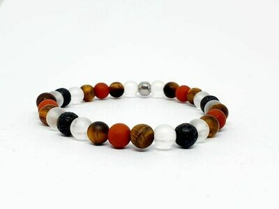 Bracelet Jaspe rouge mat, œil de tigre mat, cristal de roche mat et pierre de lave, 6 mm