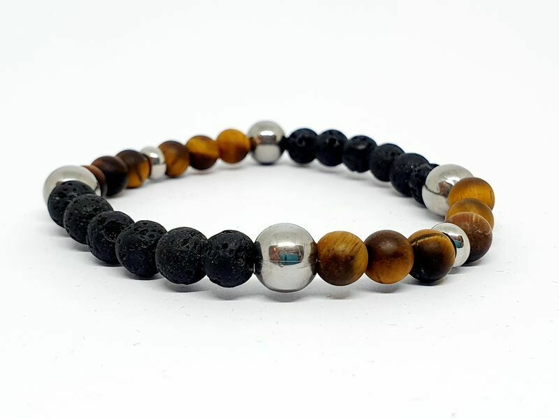 Bracelet œil de tigre mat et pierre de lave, 6 mm