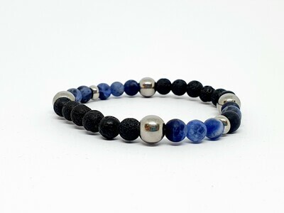 Bracelet Sodalite matte et pierre de lave, 6 mm