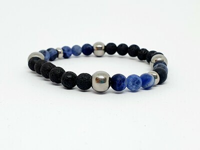 Bracelet Sodalite matte et pierre de lave, 6 mm