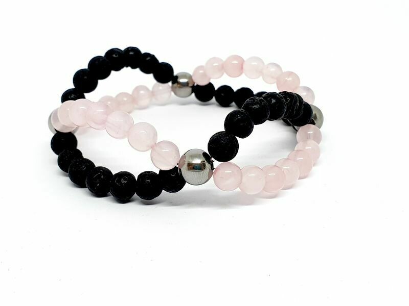 Bracelet Quartz rose et pierre de lave, 6 mm