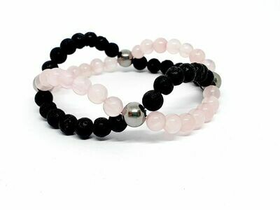 Bracelet Quartz rose et pierre de lave, 6 mm