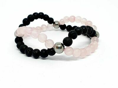 Bracelet Quartz rose et pierre de lave, 6 mm