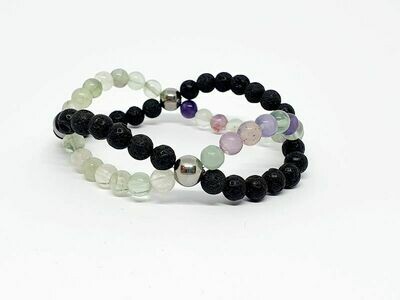 Bracelet Fluorite et pierre de lave, 6 mm