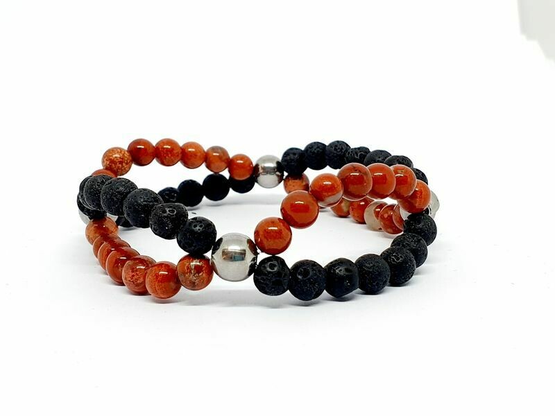 Bracelet Jaspe rouge et pierre de lave, 6 mm