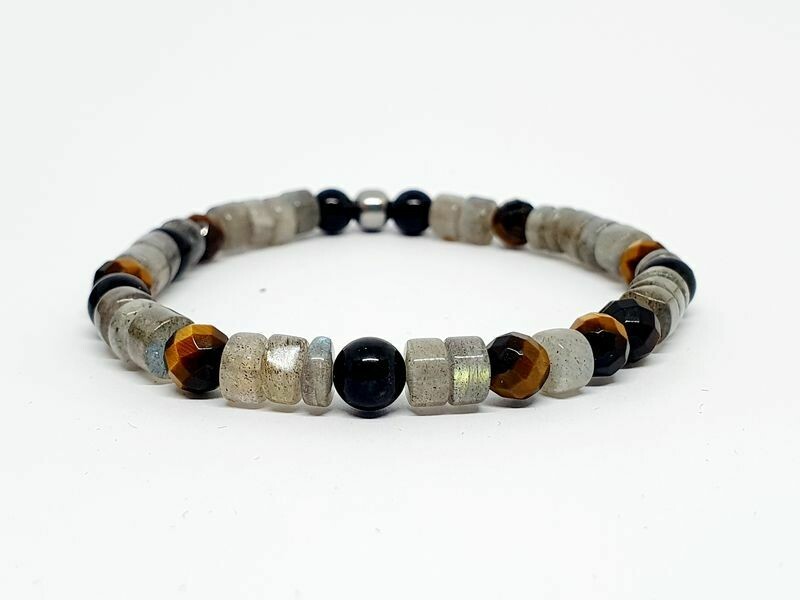 Bracelet Tourmaline, labradorite rouleau, œil de tigre facetté, 6 mm