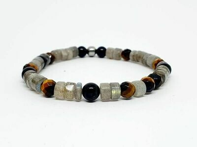 Bracelet Tourmaline, labradorite rouleau, œil de tigre facetté, 6 mm