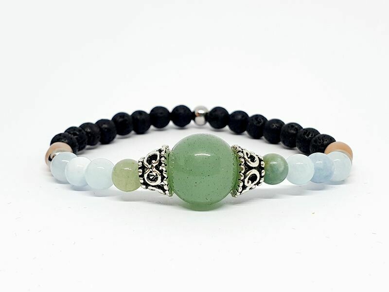 Bracelet Aventurine 14 mm, aigue marine, pierre de lune roulée, pierre de lave, 6 mm