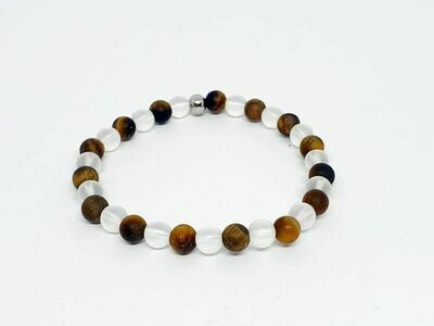 Bracelet œil de tigre mat, cristal de roche mat, 6 mm