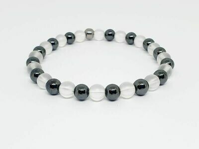 Bracelet hématite et cristal de roche mat, 6 mm