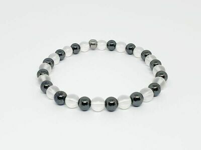 Bracelet hématite et cristal de roche mat, 6 mm