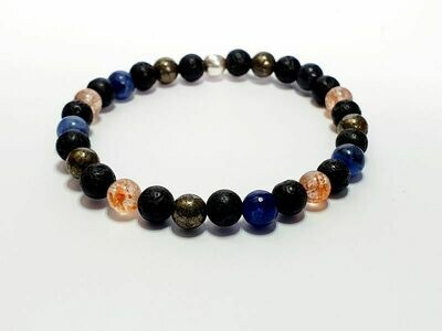 Bracelet Pyrite, sodalite, pierre de soleil et pierre de lave, 6 mm