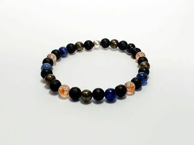 Bracelet Pyrite, sodalite, pierre de soleil et pierre de lave, 6 mm