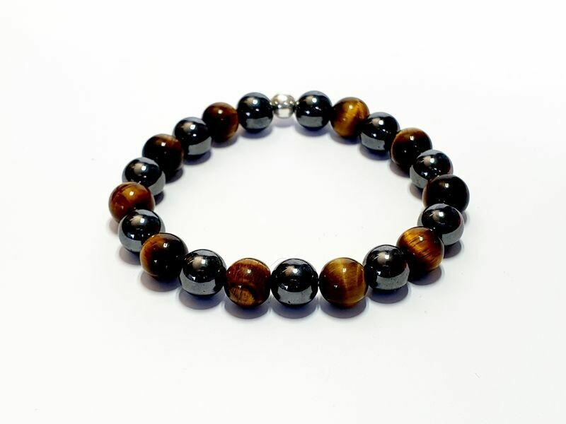 Bracelet Hématite et œil de tigre, 8 mm