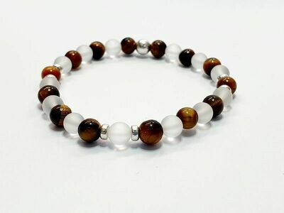 Bracelet œil de tigre et cristal de roche mat, 6 mm