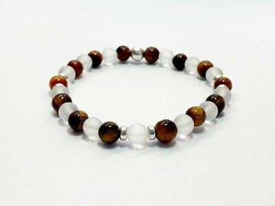 Bracelet œil de tigre et cristal de roche mat, 6 mm