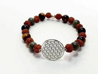 Bracelet tourmaline, oeil de tigre, labradorite et rudraksha, 8 mm