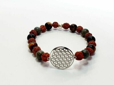 Bracelet tourmaline, oeil de tigre, labradorite et rudraksha, 8 mm
