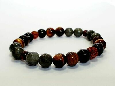 Bracelet tourmaline, oeil de tigre, labradorite et rudraksha, 8 mm