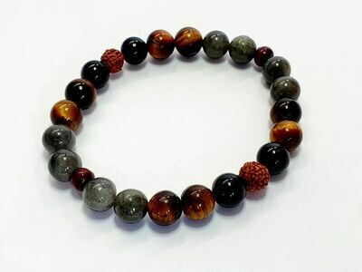 Bracelet tourmaline, oeil de tigre, labradorite et rudraksha, 8 mm