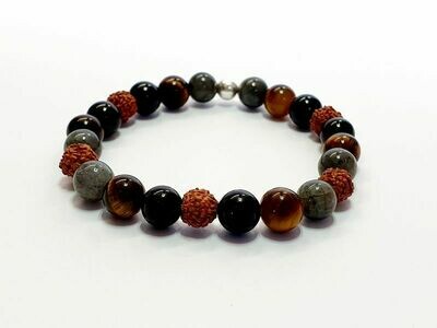 Bracelet tourmaline, œil de tigre, labradorite et rudraksha, 8 mm