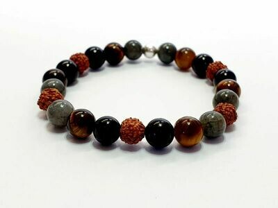 Bracelet tourmaline, œil de tigre, labradorite et rudraksha, 8 mm
