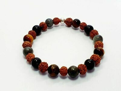 Bracelet tourmaline, œil de tigre, labradorite et rudraksha, 8 mm