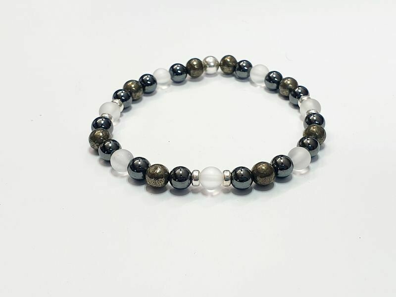 Bracelet Hématite, Pyrite et cristal de roche mat, 6 mm