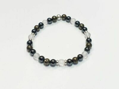 Bracelet Hématite, Pyrite et cristal de roche mat, 6 mm