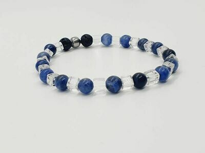 Bracelet cristal de roche cube, sodalite et pierre de lave, 6 mm