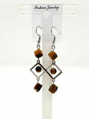Boucles d'oreilles œil de tigre cube mat 7 mm et perle 6 mm