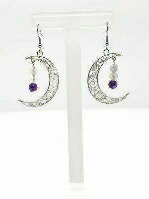 Boucle d'oreille lune Fluorite et améthyste 6 mm