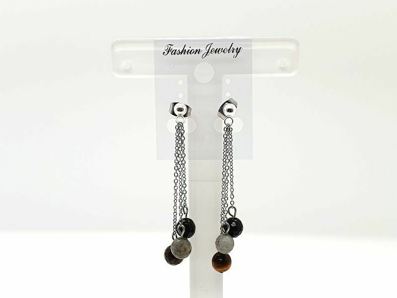 Boucles d&#39;oreilles Labradorite, œil de tigre &amp; tourmaline noire, facettés 6 mm