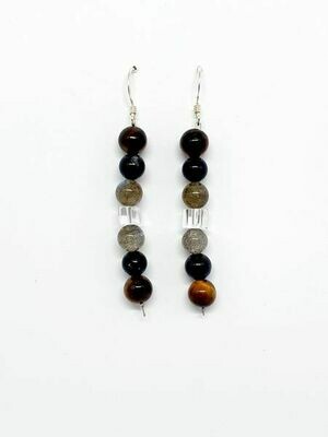Boucles d'oreilles Labradorite, œil de tigre &amp; tourmaline noire 6 mm, Cristal de roche cubique 4x4 mm