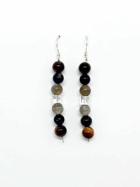 Boucles d&#39;oreilles Labradorite, œil de tigre &amp; tourmaline noire 6 mm, Cristal de roche cubique 4x4 mm