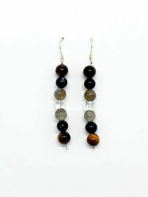 Boucles d&#39;oreilles Labradorite, œil de tigre &amp; tourmaline noire 6 mm, Cristal de roche cubique 4x4 mm