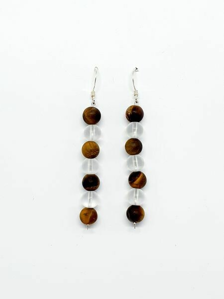 Boucles d&#39;oreilles œil de tigre mat et cristal de roche mat, 6 mm