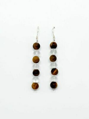 Boucles d&#39;oreilles œil de tigre mat et cristal de roche mat, 6 mm