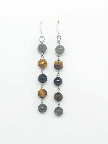 Boucles d&#39;oreilles Labradorite, œil de tigre &amp; tourmaline noire  8 mm