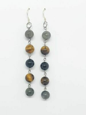 Boucles d'oreilles Labradorite, œil de tigre & tourmaline noire 8 mm