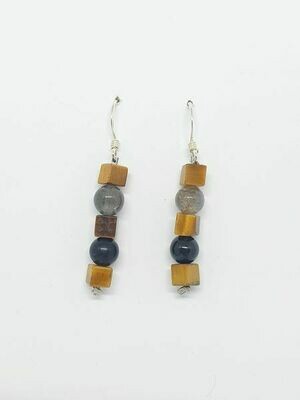 Boucles d&#39;oreilles Labradorite, œil de tigre (cube) &amp; tourmaline noire 6 mm