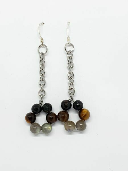 Boucles d&#39;oreilles Labradorite, œil de tigre &amp; tourmaline noire 6 mm