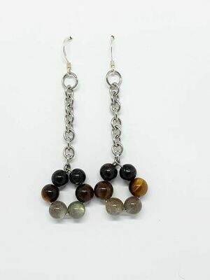 Boucles d&#39;oreilles Labradorite, œil de tigre &amp; tourmaline noire 6 mm